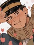  1boy absurdres black_hair blue_jacket blush brown_scarf closed_mouth golden_kamuy hat heart highres jacket looking_at_viewer male_focus military_hat scar scar_on_cheek scar_on_face scar_on_mouth scar_on_nose scarf short_hair smile solo sugimoto_saichi ton_(ton19130318) upper_body 
