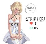  1girl arrow_(symbol) artist_name baby_bao bare_shoulders blonde_hair blush boots breasts collarbone dress english_commentary english_text fingernails genshin_impact hair_between_eyes heart highres large_breasts lips long_fingernails looking_at_viewer lumine_(genshin_impact) meme no_headwear short_hair short_hair_with_long_locks sidelocks simple_background sleeveless sleeveless_dress smile solo speech_bubble standing star_(symbol) teeth twitter_strip_game_(meme) white_background white_dress white_footwear yellow_eyes 