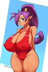  2023 allbeatnik big_breasts blue_eyes blush breasts camel_toe cleavage clothed clothing ear_piercing ear_ring erect_nipples erect_nipples_under_clothes female genie hair huge_breasts humanoid long_hair nipples not_furry one-piece_swimsuit piercing ponytail purple_hair ring_piercing shantae shantae_(series) signature solo swimwear tan_body tan_skin wayforward 