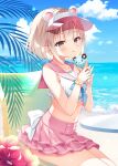  1girl animal_ears bare_arms bare_shoulders beach beach_chair blonde_hair brown_eyes crop_top day fake_animal_ears food frilled_shirt frills highres holding ice_cream layered_skirt looking_at_viewer midriff miniskirt nanohana_kohina navel neckerchief original outdoors parted_lips pink_skirt sailor_collar shirt short_hair sitting skirt sleeveless sleeveless_shirt solo stomach visor_cap white_shirt 