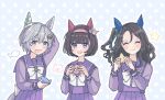  3girls ^_^ animal_ears arm_behind_head blue_eyes blush bow bowtie brown_hair closed_eyes closed_mouth ear_covers grey_hair hair_ornament hands_up holding horse_ears horse_girl horse_tail king_halo_(umamusume) long_sleeves looking_at_viewer medium_hair micca_(suisuisuigyo) multiple_girls nishino_flower_(umamusume) one_side_up open_mouth purple_eyes purple_shirt purple_skirt sailor_collar seiun_sky_(umamusume) shirt short_hair skirt smile star_(symbol) tail umamusume upper_body wallet x_hair_ornament 
