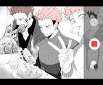  3boys chopsticks closed_eyes closed_mouth commentary_request cup earrings eating food food_in_mouth holding holding_chopsticks hood hoodie itadori_yuuji jewelry jujutsu_kaisen long_sleeves looking_at_viewer male_focus meat monochrome multiple_boys multiple_persona pink_hair red_eyes rice ryoumen_sukuna_(jujutsu_kaisen) selfie short_hair sweater upper_body v wakame_shi yellow_eyes 