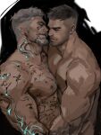  2boys bara beard beard_stubble black_hair chest_hair david_king_(dead_by_daylight) dead_by_daylight dopey_(dopq) facial_hair from_side full-body_tattoo glowing_tattoo goatee grey_hair highres imminent_kiss large_pectorals long_sideburns male_focus mature_male multiple_boys muscular muscular_male nipples nude old old_man pectoral_docking pectoral_press pectorals scar scar_across_eye seductive_smile short_hair sideburns smile tattoo thick_eyebrows thick_mustache undercut upper_body vittorio_toscano yaoi 