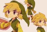  1boy artist_name closed_mouth green_shirt hat hat_removed headwear_removed link looking_at_viewer male_focus multiple_persona pointy_ears shield shirt short_hair simple_background the_legend_of_zelda the_legend_of_zelda:_spirit_tracks the_legend_of_zelda:_the_wind_waker tokuura toon_link tunic 
