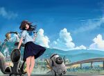  1girl black_hair black_skirt blue_eyes bottle cityscape cliff cloud cloudy_sky contrail contrapposto grass highres hill holding holding_bottle kazuharu_kina leaning_on_object long_hair motor_vehicle motorcycle original pleated_skirt railing road road_sign robot school_uniform scooter serafuku shirt sign skirt sky smile water_bottle white_shirt wide_sleeves 