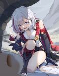  1girl absurdres bare_shoulders bear_minstrel black_gloves boots breasts cleavage commentary_request crossover detached_sleeves elbow_gloves english_commentary ermine full_body gloves grey_eyes grey_hair highres honkai:_star_rail honkai_(series) kneeling mixed-language_commentary mountain multicolored_hair nu_carnival numby_(honkai:_star_rail) on_one_knee open_mouth outstretched_hand red_hair signature streaked_hair thigh_strap topaz_(honkai:_star_rail) topper_(nu_carnival) warp_trotter_(honkai:_star_rail) weasel 