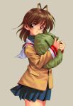  1990s_(style) 1girl absurdres antenna_hair blue_skirt brown_eyes brown_hair clannad closed_mouth commentary cowboy_shot dango_daikazoku from_side furukawa_nagisa grey_background hair_between_eyes hair_ornament hairclip hands_up highres hikarizaka_private_high_school_uniform holding holding_stuffed_toy jacket longmei_er_de_tuzi looking_at_viewer medium_hair miniskirt pleated_skirt retro_artstyle sailor_collar school_uniform simple_background skirt smile solo standing stuffed_toy white_sailor_collar yellow_jacket |_| 