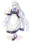  1girl alcohol alternate_costume apron bangs black_dress black_footwear blue_eyes bomberca309 closed_mouth commentary_request cup dress drinking_glass enmaided fate/grand_order fate_(series) full_body grey_hair hair_between_eyes highres holding holding_tray juliet_sleeves long_hair long_sleeves looking_at_viewer maid maid_headdress morgan_le_fay_(fate) pantyhose ponytail puffy_sleeves shoes sidelocks simple_background skirt_hold smile solo tray very_long_hair waist_apron white_apron white_background white_pantyhose 