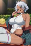  1girl aqua_eyes asticassia_school_uniform bare_shoulders blush breasts candy collarbone commentary_request covered_navel dark-skinned_female dark_skin food green_jacket grey_hair gundam gundam_suisei_no_majo halter_leotard halterneck haro highres holding holding_candy holding_food holding_lollipop jacket large_breasts leotard lollipop looking_at_viewer moisture_(chichi) nail_polish off_shoulder parted_bangs school_uniform secelia_dote short_hair sitting skindentation smile solo thick_thighs thighhighs thighs white_leotard white_nails white_thighhighs 