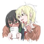  2girls black_hair black_shirt blonde_hair blush brown_cardigan candy cardigan collared_shirt covering_mouth food glasses green_eyes green_hair hair_down haruruhaharur highres holding holding_candy holding_food holding_lollipop holding_paper hug hug_from_behind lollipop long_sleeves looking_at_another looking_to_the_side love_live! love_live!_nijigasaki_high_school_idol_club medium_hair miyashita_ai multicolored_hair multiple_girls neck_ribbon open_mouth orange_eyes paper ponytail red_ribbon ribbon shirt streaked_hair takasaki_yuu teeth two-tone_hair upper_teeth_only white_background white_shirt winter_uniform yuri 