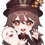  1girl absurdres boo_tao_(genshin_impact) brown_coat brown_eyes brown_hair brown_nails chinese_clothes coat collared_coat feisker flower flower-shaped_pupils genshin_impact ghost hat hat_flower hat_tassel highres hu_tao_(genshin_impact) long_hair looking_at_viewer plum_blossoms porkpie_hat simple_background symbol-shaped_pupils teeth upper_body upper_teeth_only 