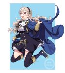  1girl ahoge ascot black_hairband black_jacket black_skirt black_thighhighs blue_background blue_cape blue_footwear boots border breasts buttons cape cape_hold corrin_(female)_(fire_emblem) corrin_(fire_emblem) cropped_jacket fire_emblem fire_emblem:_three_houses fire_emblem_fates frilled_shirt frills full_body garreg_mach_monastery_uniform gem green_gemstone hair_between_eyes hairband high-waist_skirt highres hiyori_(rindou66) jacket light_brown_hair long_hair long_sleeves open_clothes open_jacket open_mouth outside_border pointy_ears red_eyes shirt skirt small_breasts smile solo teeth thighhighs thighs uniform upper_teeth_only white_ascot white_border white_hair white_shirt 
