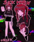  1girl bare_legs black_choker black_hoodie black_ribbon black_shirt blunt_bangs chain_necklace character_name chibi chibi_inset choker cropped_torso earrings empty_eyes english_text expressionless eyeshadow fashion full_body glitch hair_ribbon halftone hashtag highres holding_own_arm hood hood_down hoodie hugging_own_legs jewelry jitome layered_sleeves long_hair long_sleeves looking_at_viewer looking_to_the_side loose_socks makeup miki_(paramoremiki) multicolored_hair natsuki_karin necklace platform_footwear red_eyes red_hair ribbon romaji_text sanpaku shirt short_over_long_sleeves short_sleeves socks song_name striped_sleeves stud_earrings synthesizer_v twintails twitter_username white_socks 
