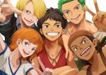  1girl 4boys black_jacket blonde_hair blue_eyes brown_hair dark-skinned_male dark_skin green_hair grey_eyes grin highres jacket looking_at_viewer monkey_d._luffy multiple_boys nami_(one_piece) oekakiboya one_piece one_piece_(live_action) open_mouth orange_hair overalls roronoa_zoro sanji_(one_piece) scar shirt short_hair simple_background smile usopp v white_background 