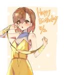  1girl :o alternate_costume armpit_crease blush border bow breasts brown_eyes brown_hair cleavage dated dress dress_bow embarrassed hands_up happy_birthday highres misaka_mikoto parted_bangs ribbon see-through_camisole shadow short_hair sketch sleeveless sleeveless_dress small_breasts solo toaru_kagaku_no_railgun toaru_majutsu_no_index upper_body white_border yellow_background yellow_bracelet yellow_dress yellow_ribbon yylol 