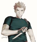  1boy alternate_costume brown_gloves commentary_request dagger fingerless_gloves gloves green_shirt holding holding_dagger holding_knife holding_weapon knife lance_(pokemon) looking_down male_focus parted_lips pokemon pokemon_(game) pokemon_hgss shirt short_hair short_sleeves signature solo spiked_hair t-shirt upper_body weapon white_background y_(036_yng) 