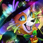  anthro bow_tie clothing dagger_leonelli domestic_cat felid feline felis female food fruit halloween hat headgear headwear holidays mammal plant pumpkin smile solo 