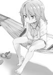  bikini breasts drying feet greyscale hair_between_eyes hammock highres idolmaster idolmaster_cinderella_girls long_hair monochrome mukago_(mukagomumumu) sandals side-tie_bikini_bottom sidelocks simple_background small_breasts swimsuit towel towel_around_neck white_background yuuki_haru 