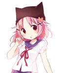  1girl animal_hat beanie bear_hair_ornament blush cat_hat gakkou_gurashi! hair_ornament hairclip hat hat_with_ears megurigaoka_high_school_uniform open_mouth pink_hair red_eyes red_ribbon ribbon school_uniform short_hair short_sleeves simple_background solo takeya_yuki tarabagani white_background x_hair_ornament 