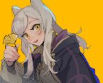  1girl :d black_robe blush fire_emblem fire_emblem_awakening ginkgo_leaf grey_shirt highres holding holding_leaf hood hood_down hooded_robe kurimori leaf long_hair long_sleeves looking_at_viewer open_mouth robe robin_(female)_(fire_emblem) robin_(fire_emblem) shirt sidelocks simple_background smile solo twintails upper_body white_hair yellow_background yellow_eyes 