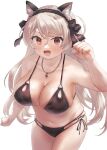  1girl animal_ears bikini black_bikini blush breasts brown_eyes cat_ears cleavage collarbone conte_di_cavour_(kancolle) cowboy_shot fake_animal_ears grey_hair highres kantai_collection large_breasts long_hair looking_at_viewer navel open_mouth simple_background smile solo swimsuit toka_(marchlizard) white_background 