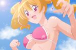  1girl bikini blue_sky breasts brown_hair cloud fresh_precure! fuchi_(nightmare) large_breasts light_blush long_hair looking_at_viewer momozono_love open_mouth outdoors pink_bikini pink_eyes precure sky smile solo swimsuit twintails upper_body 