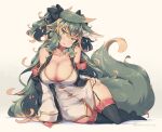  1girl :p animal_ears arm_support black_bow black_thighhighs bow breasts cleavage detached_sleeves garter_straps green_eyes green_hair hair_bow kuromiya kuromiya_raika large_breasts long_hair looking_at_viewer multicolored_hair orange_hair original solo tail thighhighs thighs tongue tongue_out two-tone_hair 