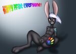  2023 andromorph anthro arm_support arm_tattoo biped black_body danaume digitigrade english_text eyebrows genitals grin hair intersex lagomorph leporid lgbt_pride looking_aside lying mammal mastectomy_scar multicolored_pawpads navel nipples nude on_back pawpads pussy rabbit rainbow_pawpads reclining scar scut_tail short_hair short_tail simple_background smile solo tail tattoo text trans_(lore) trans_man_(lore) white_hair 