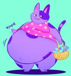  2019 animal_crossing anthro basket belly big_belly bob_(animal_crossing) container domestic_cat felid feline felis fish fur hi_res huge_belly male mammal marine morbidly_obese morbidly_obese_anthro morbidly_obese_male nintendo obese obese_anthro obese_male overweight overweight_anthro overweight_male purple_body purple_fur simple_background smile standing text tubbytiger yellow_eyes 