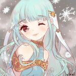  1girl artist_name bare_shoulders blue_dress blue_hair closed_mouth cloud cloudy_sky commentary dress english_commentary eyelashes fire_emblem fire_emblem_fates gold_choker hair_ribbon kikkidream light_blush lips long_hair looking_at_viewer lowres ninian_(fire_emblem) one_eye_closed outdoors red_eyes ribbon sky sleeveless sleeveless_dress smile snow snowflakes solo triangle_print upper_body white_ribbon 