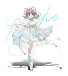  1girl :d absurdres ahoge animal_ears anqing aqua_dress aqua_eyes aqua_footwear bow brown_hair detached_sleeves dress full_body hair_bow hand_up highres looking_at_viewer original sample_watermark see-through_shawl shawl short_hair smile solo white_background white_bow wide_sleeves 