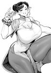  1girl absurdres breasts china_dress chinese_clothes chun-li cleavage cleavage_cutout clothing_cutout double_bun dress grin hair_bun highres hotate-chan large_breasts looking_at_viewer medium_hair monochrome pelvic_curtain short_sleeves smile solo street_fighter street_fighter_6 swept_bangs thick_thighs thighs 
