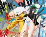  2boys 2girls bald belt black_belt black_dress black_shirt blue_sky boots breasts building cape character_print cloud collared_dress commentary covered_navel day dress eating emphasis_lines english_commentary food fubuki_(one-punch_man) gloves green_dress green_eyes green_hair highleg highleg_panties highres holding holding_food holding_ice_cream ice_cream king_(one-punch_man) long_sleeves multiple_boys multiple_girls one-punch_man outdoors panties patreon_username red_footwear red_gloves saitama_(one-punch_man) shirt siblings sisters sky small_breasts sneezing snegovski standing striped striped_panties tatsumaki thighs tongue tongue_out underwear web_address white_cape 