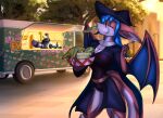  big_ears blue_hair breasts cleavage clothed clothing commercial_vehicle delivery_(commerce) delivery_vehicle dragon eating eating_food eyes_closed food_truck hair hat headgear headwear hi_res magic_user medium_truck membrane_(anatomy) membranous_wings multi-stop_van racoonadillo snowfyre_(character) tentacles toughset truck truck_(vehicle) van vehicle wings witch witch_hat wizard_hat wyvern 