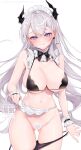  1girl apron artist_name ass_visible_through_thighs bare_shoulders bikini black_bow black_bowtie black_panties blush bow bowtie breasts censored cleavage closed_mouth cowboy_shot demon_girl detached_collar earrings frills grey_hair heart heart_censor highres horns jewelry large_breasts licking_lips long_hair looking_at_viewer maid maid_bikini maid_headdress mole mole_under_eye narrow_waist navel original panties panty_pull pointy_ears purple_eyes simple_background skindentation smile solo swept_bangs swimsuit thigh_gap tongue tongue_out unconventional_maid underwear very_long_hair waist_apron white_background wrist_cuffs yuge_(mkmk) 