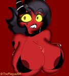  absurd_res black_hair bodily_fluids bra breasts clothing demon demon_humanoid female hair helluva_boss hi_res horn humanoid imp millie_(helluva_boss) open_mouth red_body simple_background solo sweat tail teeth theplagueart underwear 