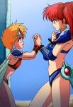  2girls absurdres armor asagiri_youko bikini bikini_armor blonde_hair blue_bikini breasts brown_eyes brown_hair cape choker earrings eye_contact from_side genmu_senki_leda green_eyes hand_on_own_chest highres holding_hands jewelry leaning_forward long_hair looking_at_another masaaki_endo multiple_girls navel outdoors pauldrons red_bikini short_hair shoulder_armor side_ponytail swimsuit thighs vambraces white_cape yoni_(leda) 