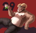  2023 absurd_res anthro armpit_hair barechested beard belly beverage biceps body_hair bottomwear bovid caprine clothed clothing facial_hair grin headgear headwear hi_res holding_beverage holding_object looking_at_viewer male mammal manly moobs musclegut navel nipples overweight overweight_male pants pecs red_background shibacream shirtless shirtless_male simple_background sitting smile solo topless topless_male 