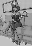  absurd_res anthro black_and_white breasts canid canine canis collar female furniture greyscale hi_res iso jackal mammal monochrome piercing screentone sitting sofa solo spikes widdlywham 