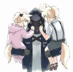  1other 2girls absurdres aged_down ambiguous_gender animal_ears arknights black_bow blemishine_(arknights) blonde_hair blush bow carrying carrying_person doctor_(arknights) hair_bow highres hood hood_up hooded_coat horse_ears horse_girl horse_tail long_hair multiple_girls nearl_(arknights) onesie orange_eyes ponytail seung-aeja shorts simple_background suspenders tail upper_body white_background 