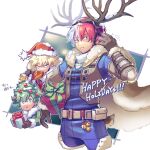  3boys antlers bakugou_katsuki bell belt belt_buckle belt_pouch blonde_hair blue_eyes blue_jacket blue_pants boku_no_hero_academia box brown_belt brown_gloves buckle burn_scar cape christmas_ornaments commentary_request cropped_legs deer_tail fake_antlers food freckles fur-trimmed_gloves fur-trimmed_headwear fur-trimmed_jacket fur_cape fur_trim gift gift_box gloves green_eyes green_hair grey_eyes hair_between_eyes hand_up happy_holidays hat heterochromia highres holding holding_gift holding_sack jacket jingle_bell long_sleeves male_focus meat mecyo_(mamezurushiki) midoriya_izuku mouth_hold multicolored_hair multiple_boys open_mouth pants parted_lips pouch red_eyes red_hair red_headwear red_jacket reindeer_antlers sack santa_hat scar scar_on_face short_hair simple_background snow snow_on_head spiked_hair split-color_hair star_(symbol) sweater tail todoroki_shouto translation_request turtleneck turtleneck_sweater two-tone_hair v-shaped_eyebrows white_background white_belt white_cape white_hair white_sweater 