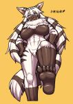  abs anthro black_body canid canine canis feet female foot_fetish genitals hi_res komenuka_inaho mammal mizuko muscular muscular_female nails nude open_mouth pussy sharp_nails sharp_teeth sharp_toenails smile soles solo teeth toenails white_body wolf 
