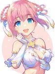  1girl :d bad_id bad_pixiv_id bare_shoulders blue_eyes breasts check_commentary cleavage commentary commentary_request cowboy_shot dress gloves hair_ornament hair_rings highres looking_at_viewer medium_breasts official_alternate_costume open_mouth pink_hair princess_connect! short_hair smile solo white_gloves yako_noir_(kei-ne) yui_(ceremonial)_(princess_connect!) yui_(princess_connect!) 