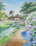  1boy 1girl 2others blue_sky day faceless flower highres multiple_others nori02222 original painting_(medium) park path pond purple_flower scenery sky traditional_media tree water watercolor_(medium) 