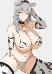  1girl animal_ears animal_print bell bikini black_collar breasts cleavage closed_eyes closed_mouth collar cow_ears cow_horns cow_print cowbell curvy elbow_gloves fake_animal_ears fake_horns flying_sweatdrops gloves grey_hair hair_over_shoulder hairband highres horns huge_breasts mature_female micro_bikini navel print_bikini print_gloves print_thighhighs raised_eyebrows side-tie_bikini_bottom sitting skindentation smile solo stomach swimsuit tatsu_(user_rjes8545) thighhighs thighs uzaki-chan_wa_asobitai! uzaki_tsuki 