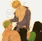  2boys bare_pectorals blonde_hair blue_male_underwear blush bulge couple drunk green_hair long_sideburns male_focus male_underwear motion_lines multiple_boys muscular muscular_male one_piece open_pants pants pectorals print_male_underwear roronoa_zoro sanji_(one_piece) sideburns straddling sweat underwear yaoi ynnn_m 