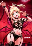  1girl absurdres animal bat_(animal) blonde_hair blush breasts chain collar collarbone demon_girl demon_horns demon_tail demon_wings fangs fate/apocrypha fate/grand_order fate_(series) fingernails garter_straps gradient_sky green_eyes halloween_costume hands_up highres horns low_wings mini_wings moon mordred_(fate) mordred_(fate/apocrypha) nail_polish navel open_mouth ponytail red_moon scan simple_background sky small_breasts solo stomach tail teeth thighhighs tonee torn_clothes wings 