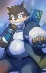  anthro belly blue_eyes blush canid canine canis clothing domestic_dog eating food hi_res kt0414143919 lifewonders male mammal meat_bun moritaka offering_food overweight scar school_uniform solo tokyo_afterschool_summoners uniform 