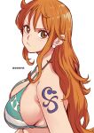 1girl :t aosora2823 bikini breasts brown_eyes closed_mouth earrings from_side green_bikini highres jewelry large_breasts long_hair looking_at_viewer looking_to_the_side nami_(one_piece) one_piece orange_hair pearl_earrings pout shoulder_tattoo simple_background solo strap_gap swimsuit tattoo upper_body v-shaped_eyebrows very_long_hair wavy_hair white_background 
