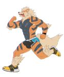  5_fingers abs anthro arcanine biped bodily_fluids bulge canid canine clothed clothing countershade_torso countershading fingers footwear generation_1_pokemon hi_res male mammal muscular muscular_anthro muscular_male nintendo open_mouth open_smile pecs pokemon pokemon_(species) rossciaco running shoes smile sneakers solo sweat tail tongue tongue_out 